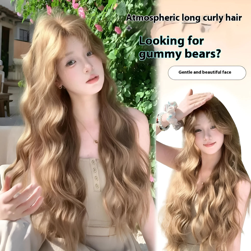 Brown linen-coloured synthetic wig with medium-length curls and included hair net