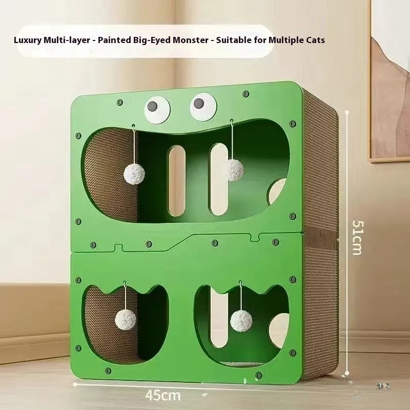 Double-layer cat scratching board and nest in a choice of styles including big eyes, cat head, owl, or double door.