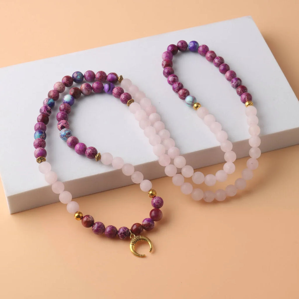 Pink crystal emperor stone beads pendant necklace with round elements on chain