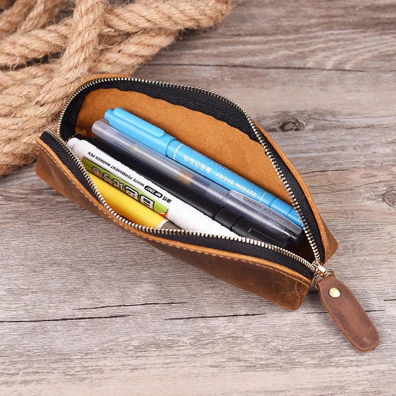 Genuine cowhide leather pencil case with zipper closure in square design measuring 18cm