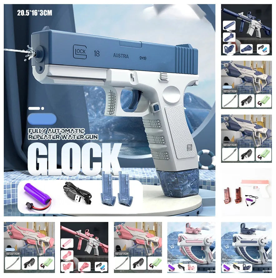 Electric water gun with USB charging cable and automatic straw, showing blue and pink colour options