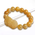 Hand-carved Jinsi Jade money bracelet showing golden thread colour, available in large or small sizes with different bead diameters.
