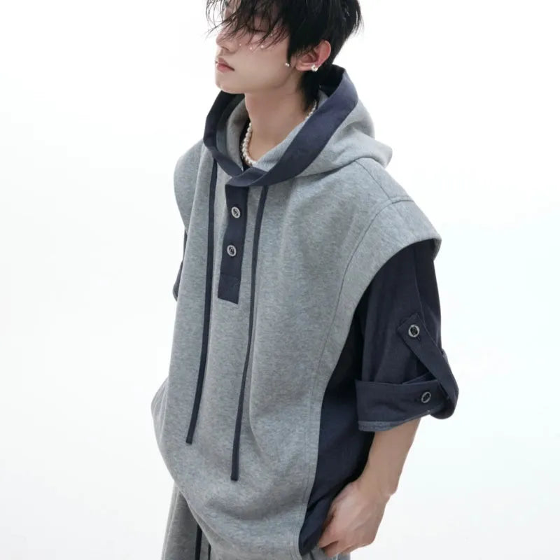 Men's black hooded sports leisure suit with three-dimensional stitching on jacket and trousers