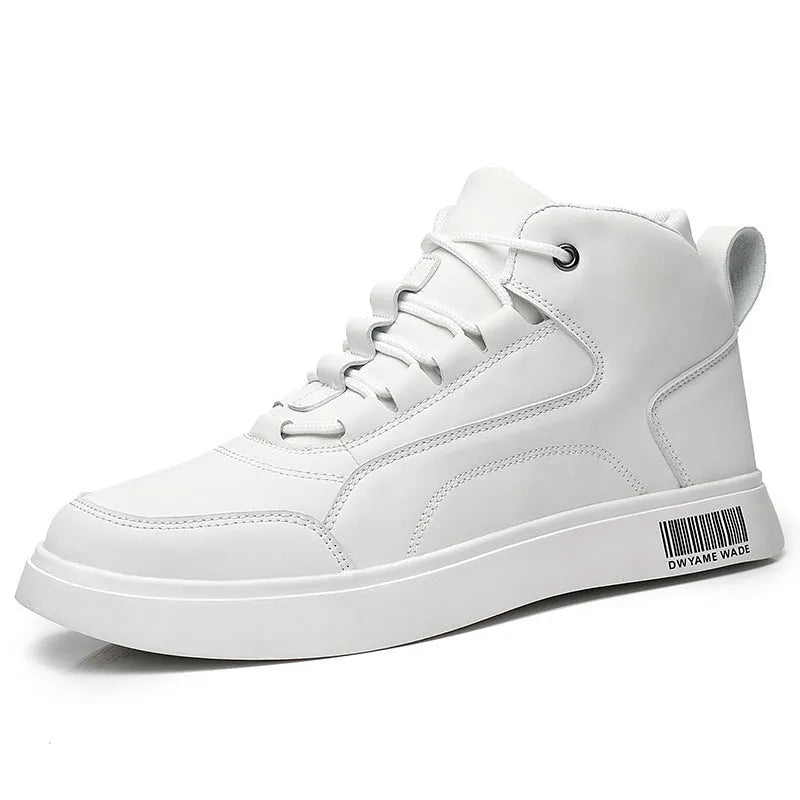 Men's white board shoes with lace-up front and round toe design on rubber sole