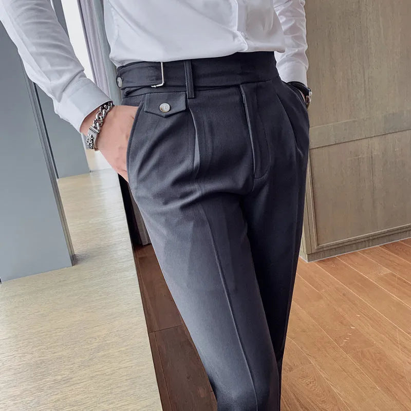 Men's straight-leg casual trousers in solid colours on a neutral background.