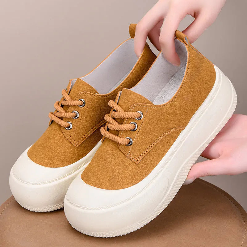 Women's camel suede platform loafers with round toe and front lace-up, 4cm height increase