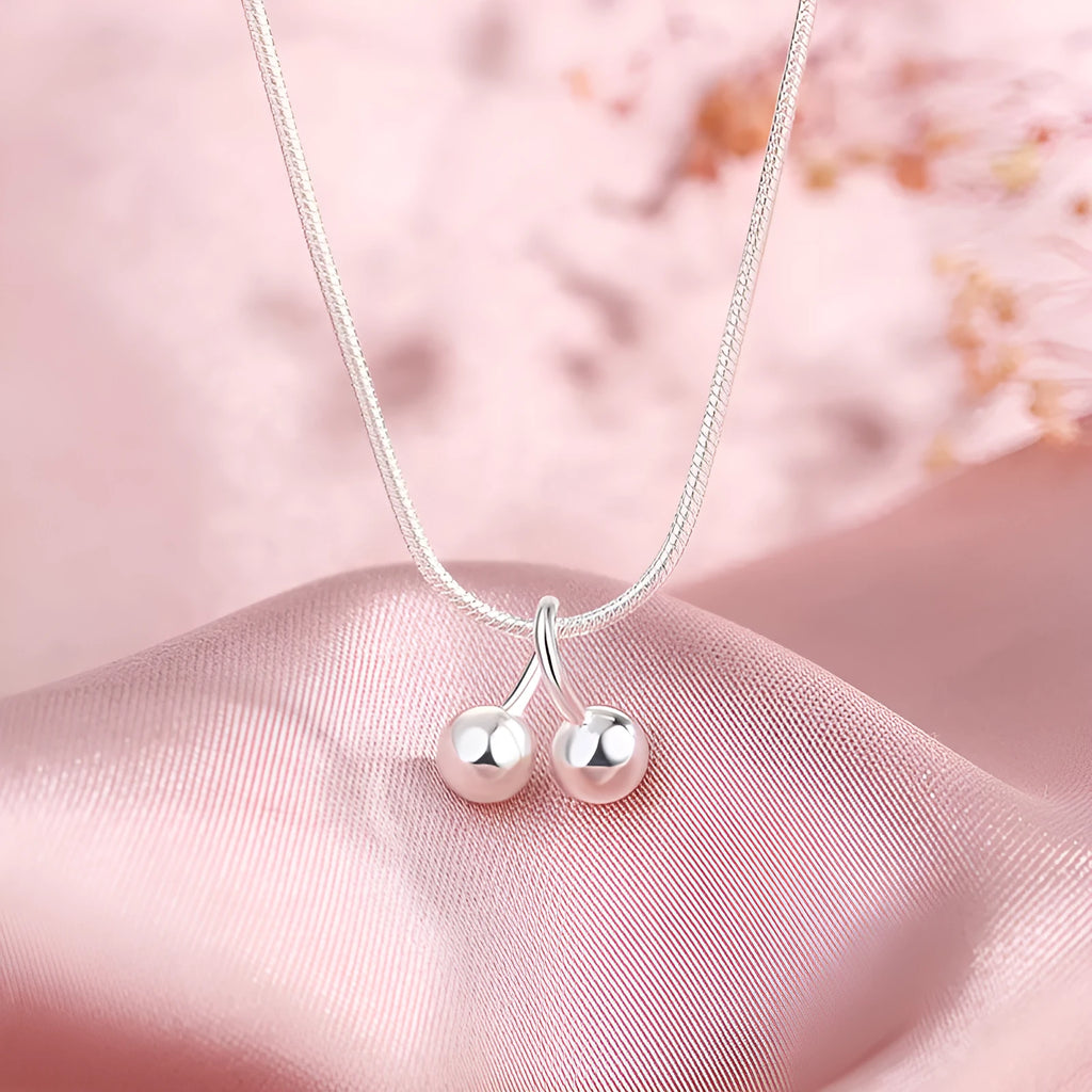 Silver cherry necklace with adjustable snake bone chain and Korean style fruit pendant