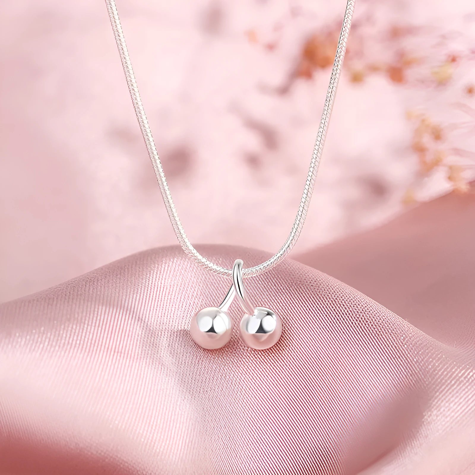 Silver cherry necklace with adjustable snake bone chain and Korean style fruit pendant
