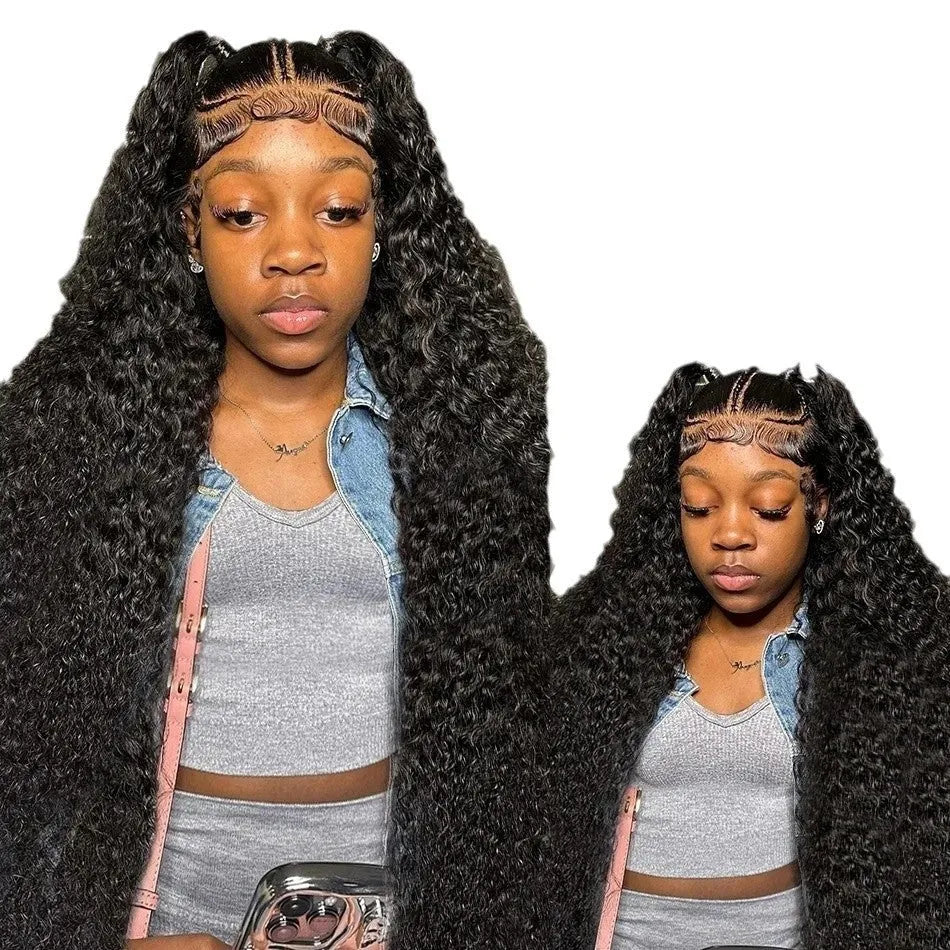 13x6 front lace wig with medium long curly hair and side bangs, high temperature fibre, 10-36 inch lengths
