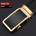 Men's leather automatic buckle belt in gun black, silver, and gold colours.