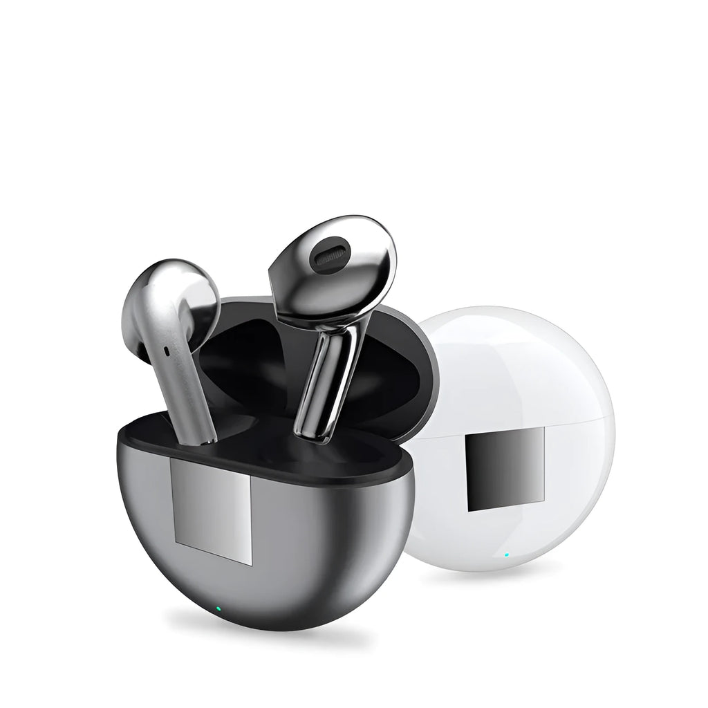 White Budz5 wireless Bluetooth earbuds with charging case on a grey background.
