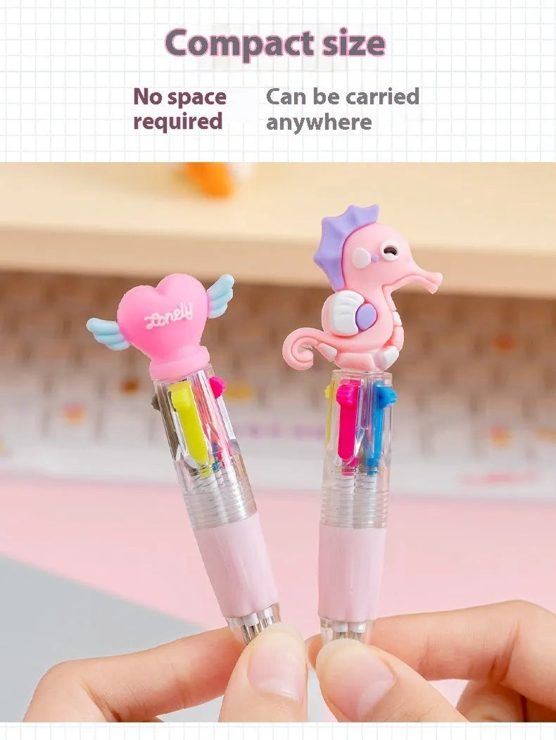 Cute cartoon-themed four-colour press ballpoint pen with 0.7mm tip.