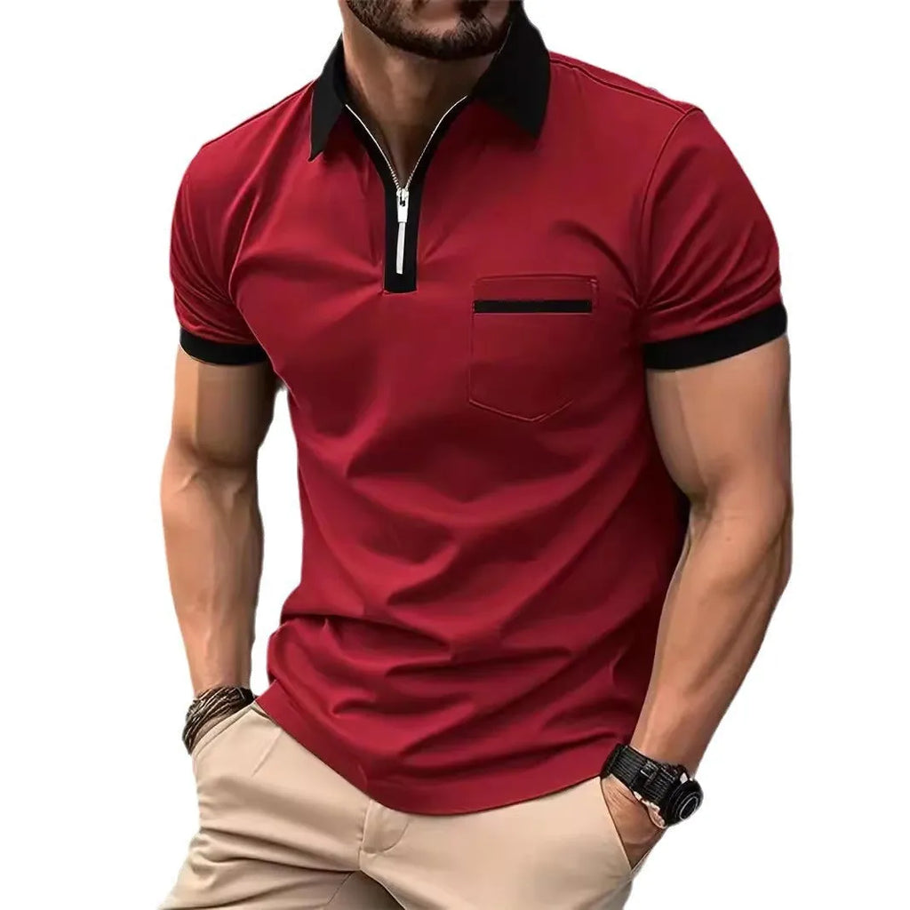 Men's casual short sleeve shirt with chest pocket and zipper detail in a loose fit