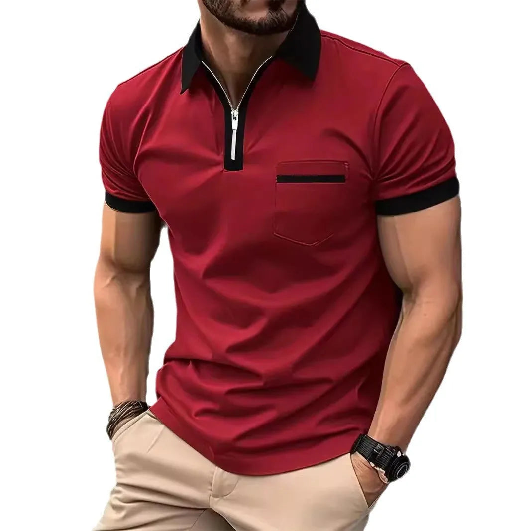 Men's casual short sleeve shirt with chest pocket and zipper detail in a loose fit