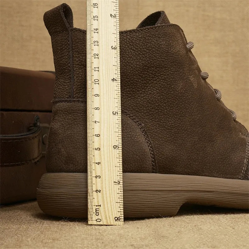 Men's gray genuine leather Martin boots with wedge heel and front lace-up design.