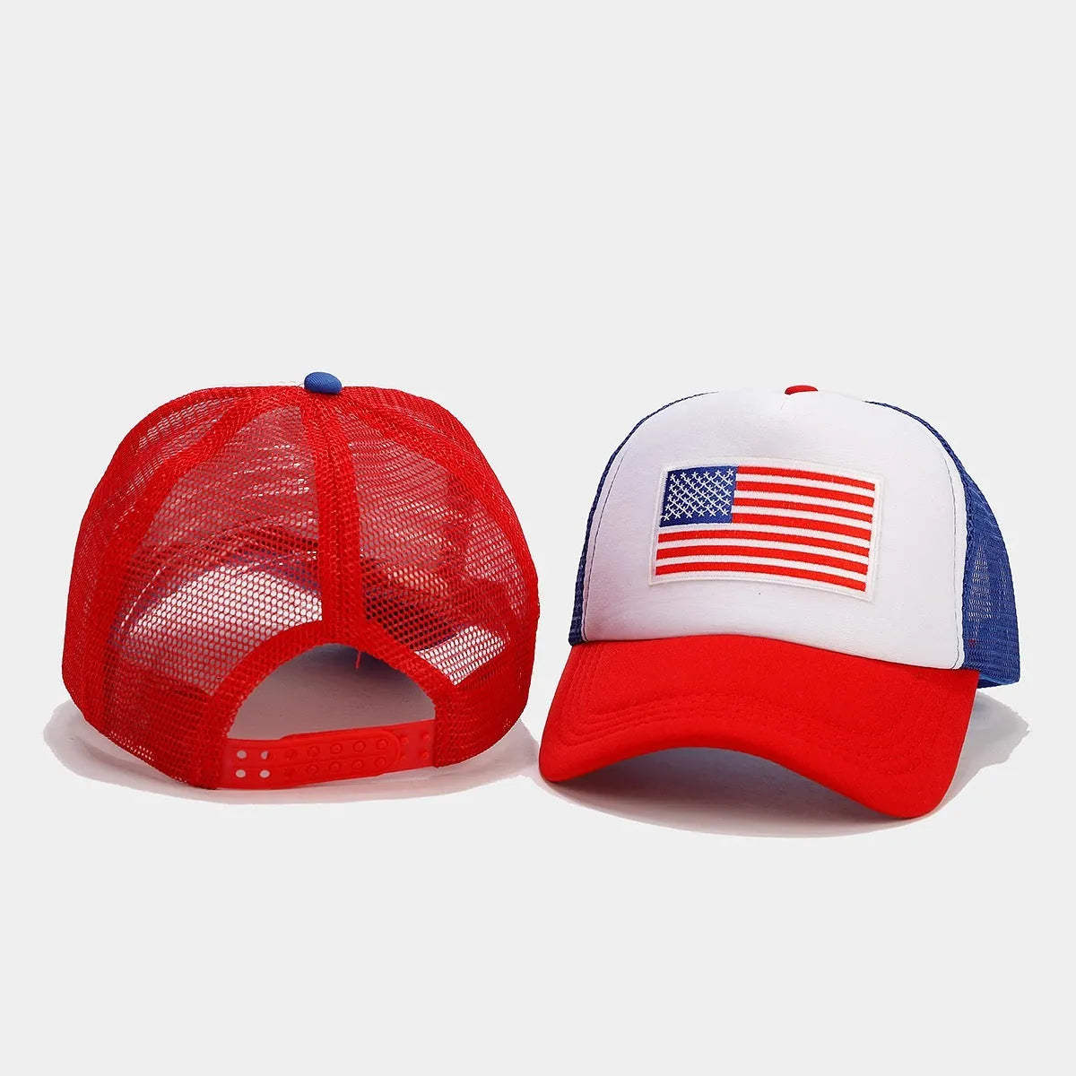 Red and blue colour contrast adjustable baseball cap with breathable mesh fabric