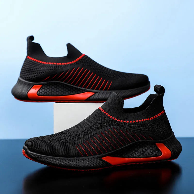 Men's flyknit mesh sneakers with striped design and plastic sole in black and white