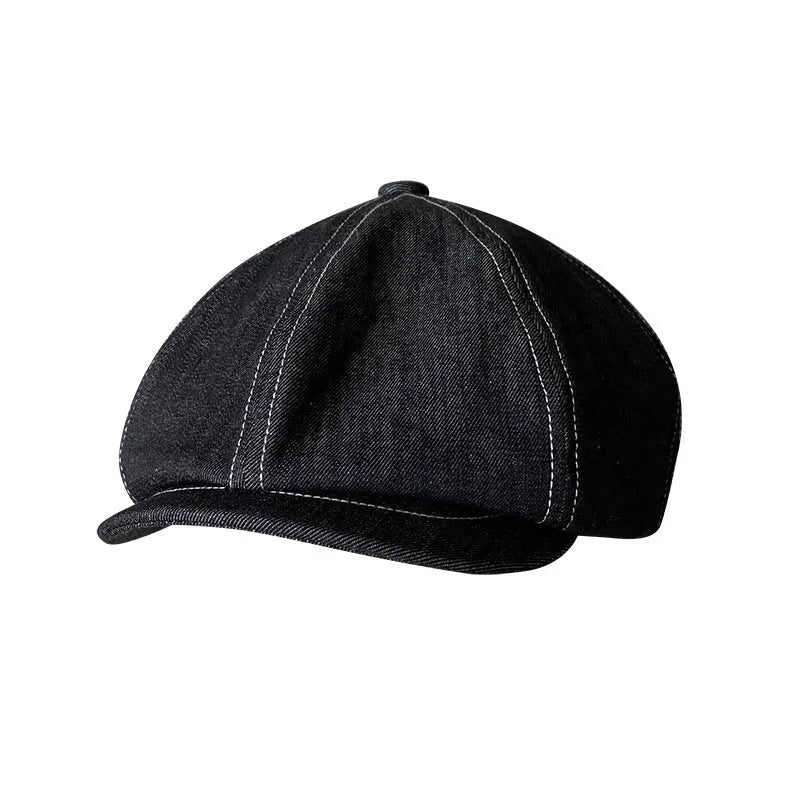 Black cotton retro beret with octagonal silhouette shown on model, unisex adult design