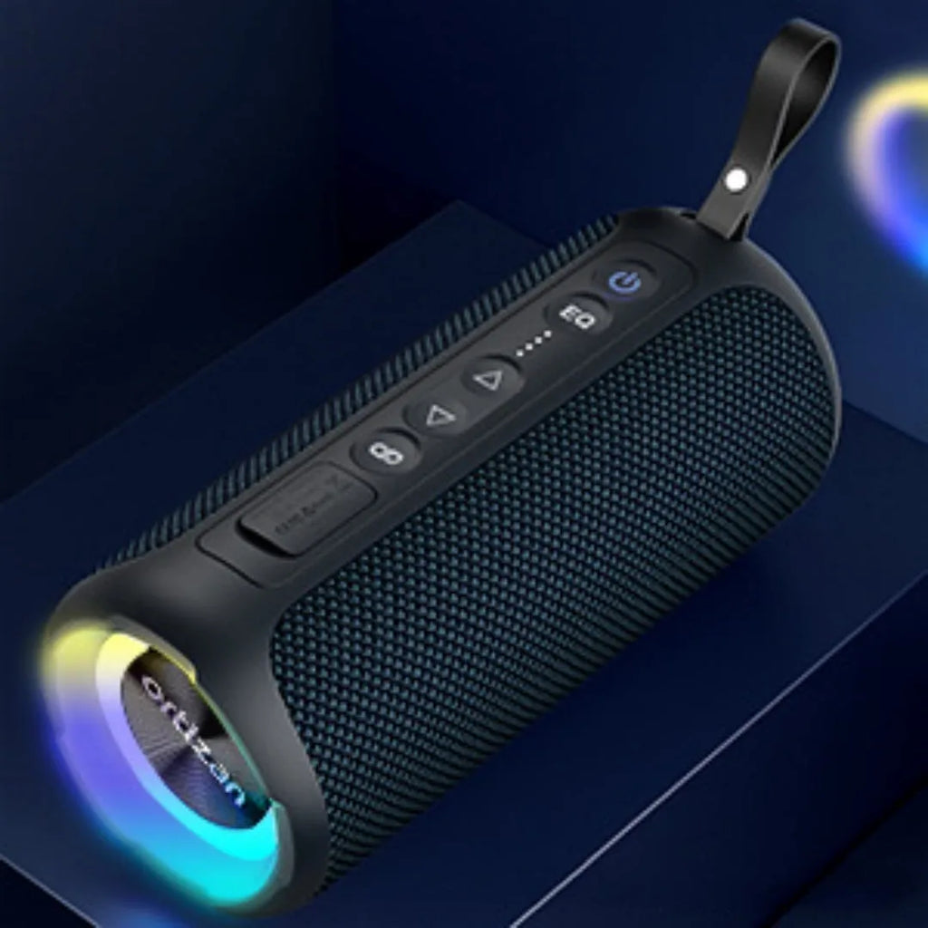 Black and blue fabric wireless Bluetooth speaker with luminous LED lights