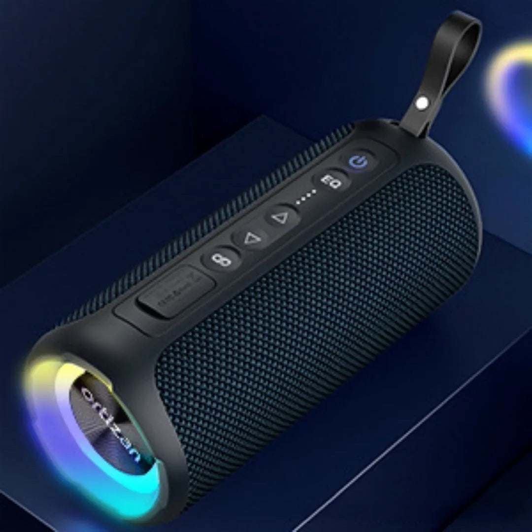 Black and blue fabric wireless Bluetooth speaker with luminous LED lights