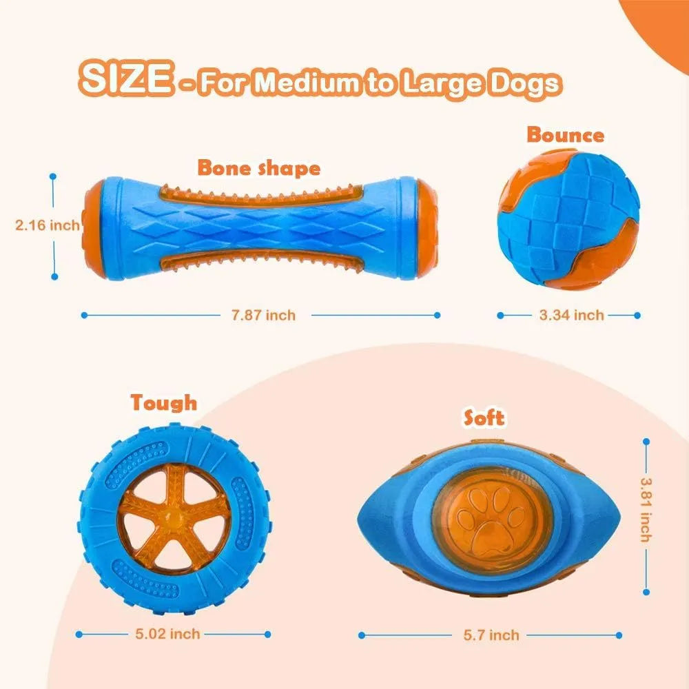 Set of three floating dog toys: a blue squeaky ball, an orange barbell, and red tyres on a beach.