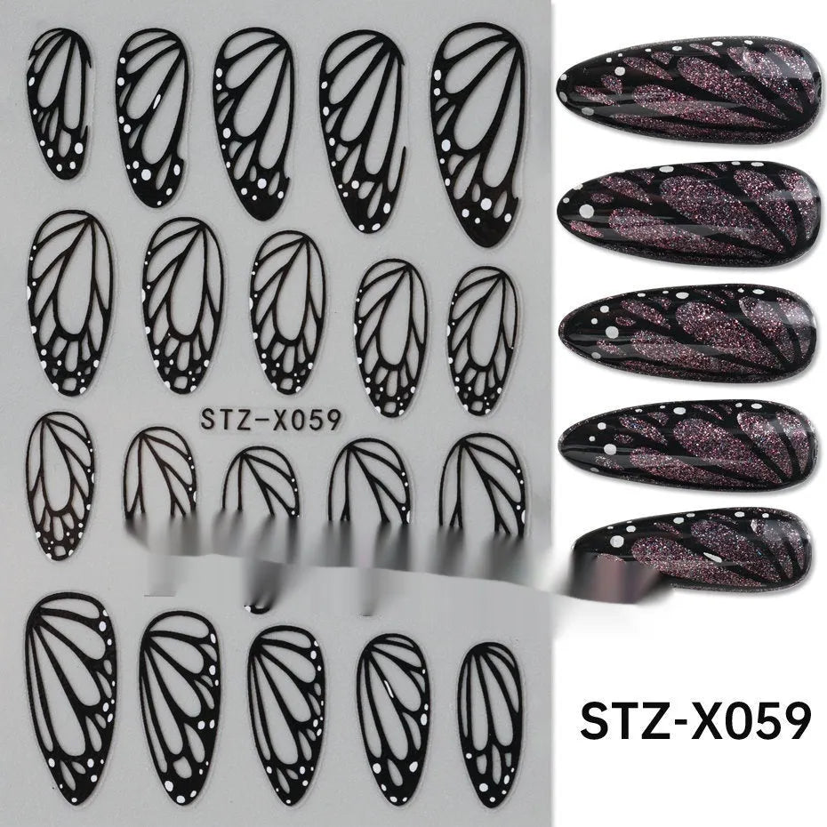 Cartoon love pattern nail art sticker decals in black and silver colours on a plastic sheet.