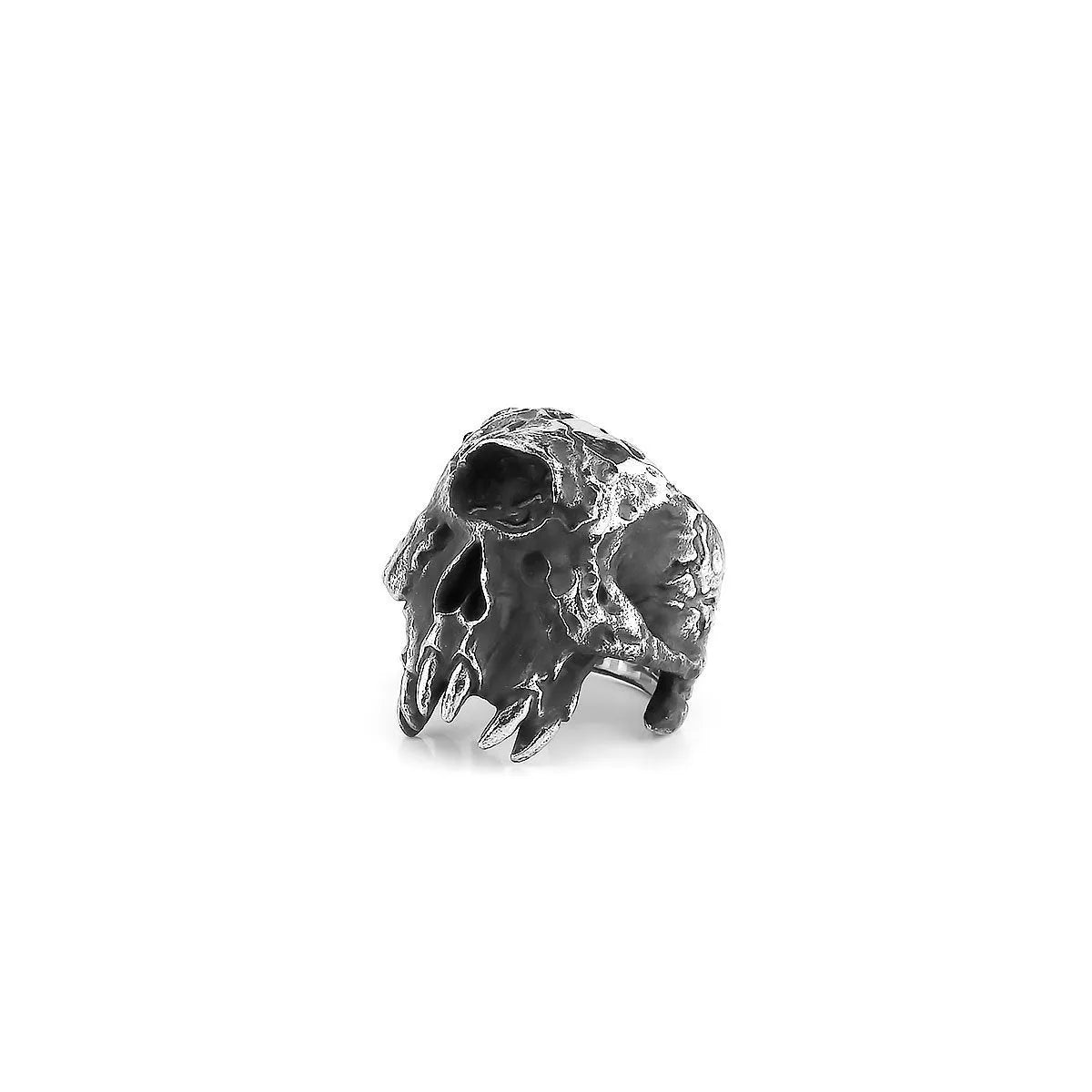 Silver alloy one-eyed skull ring with electroplated finish available in sizes 7 to 13