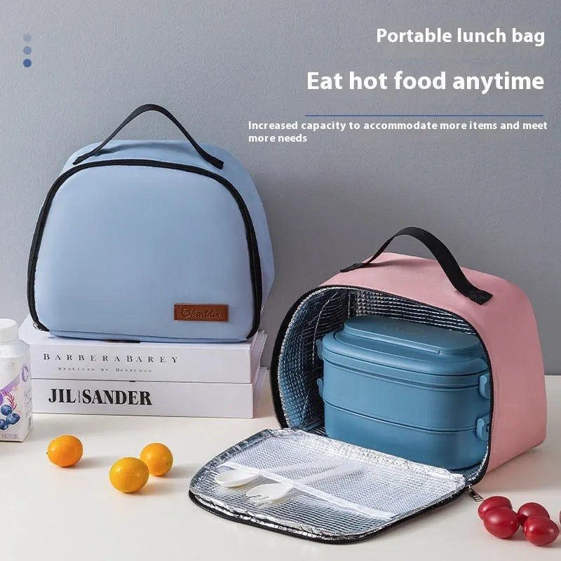 Insulated lunch box bag in textured cloth with large capacity for bento and rice, available in multiple colours