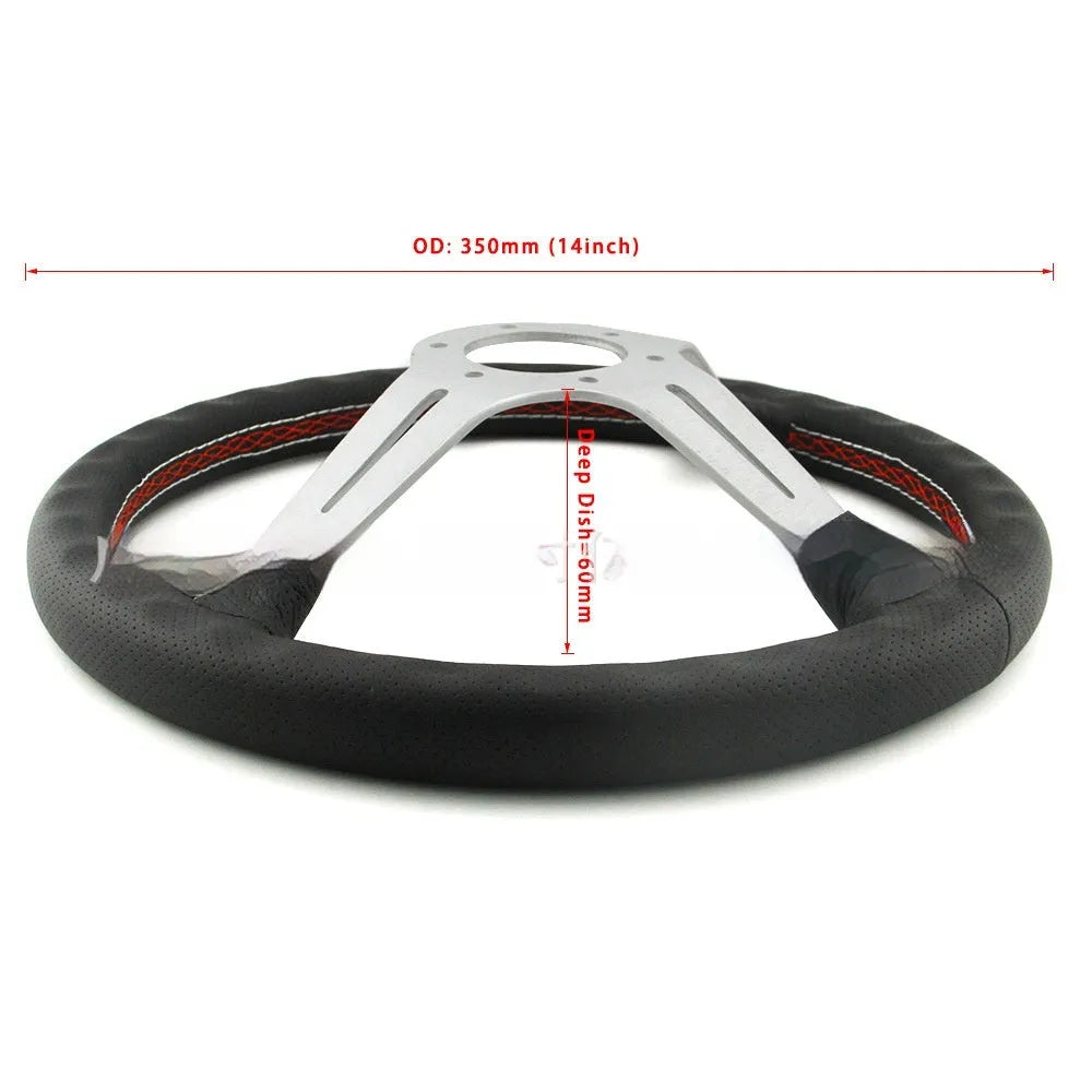 Leather 14-inch steering wheel with a concave centre, shown with black and silver skeleton frame options.