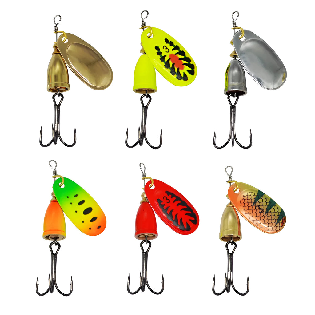 R composite metal fishing lure with copper bell and rotating sequin skirt in multiple colour options
