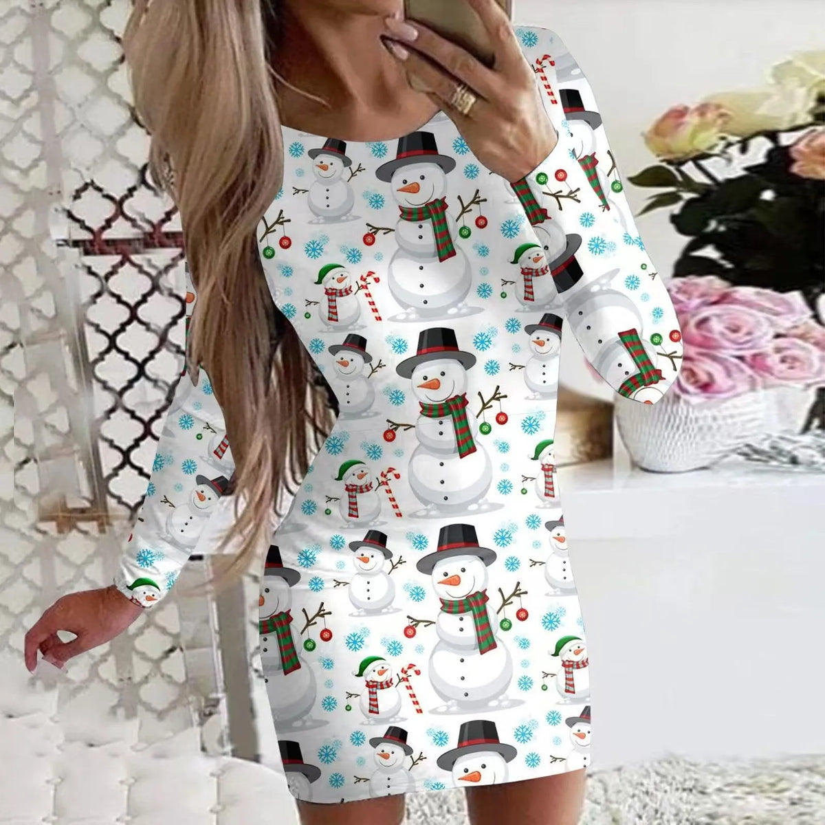 Women's animal print fitted midi dress with long sleeves in floral colour option