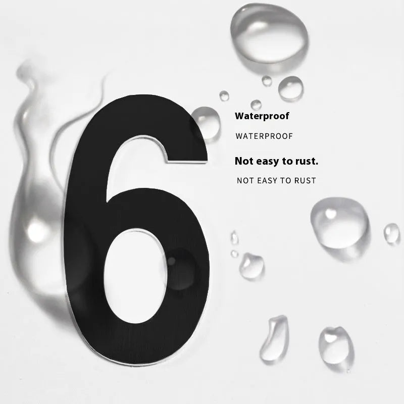 Black stainless steel adhesive house numbers and letters showing digits 1 through 9 and letters A to F.