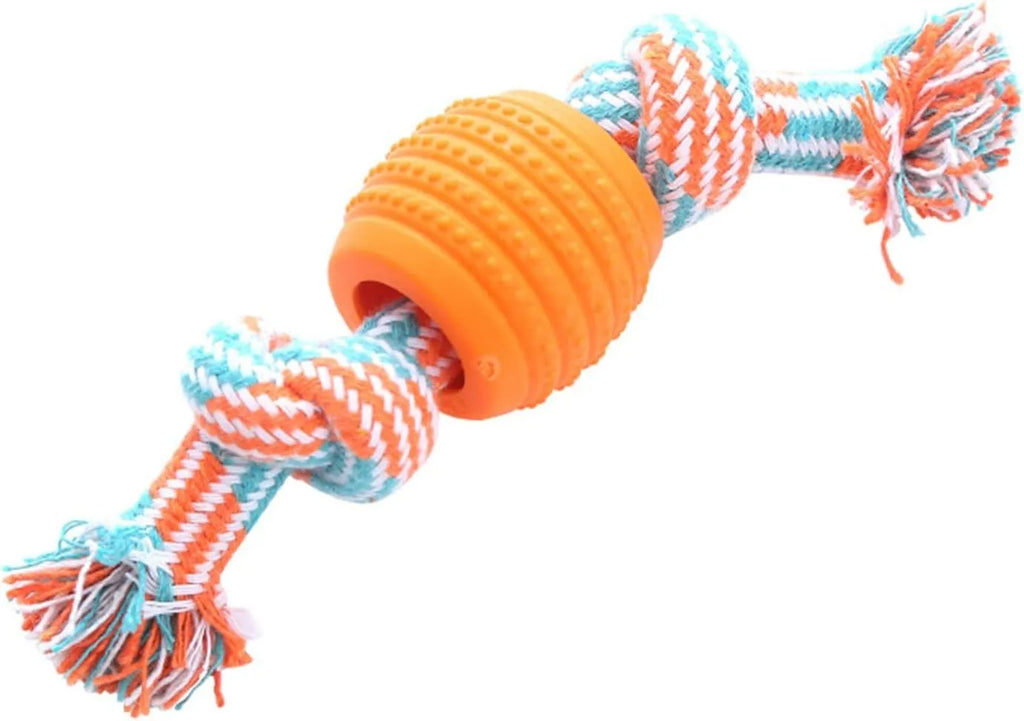Blue dog chew toy with rope centrepiece for dental cleaning, approximately 9.5 cm diameter