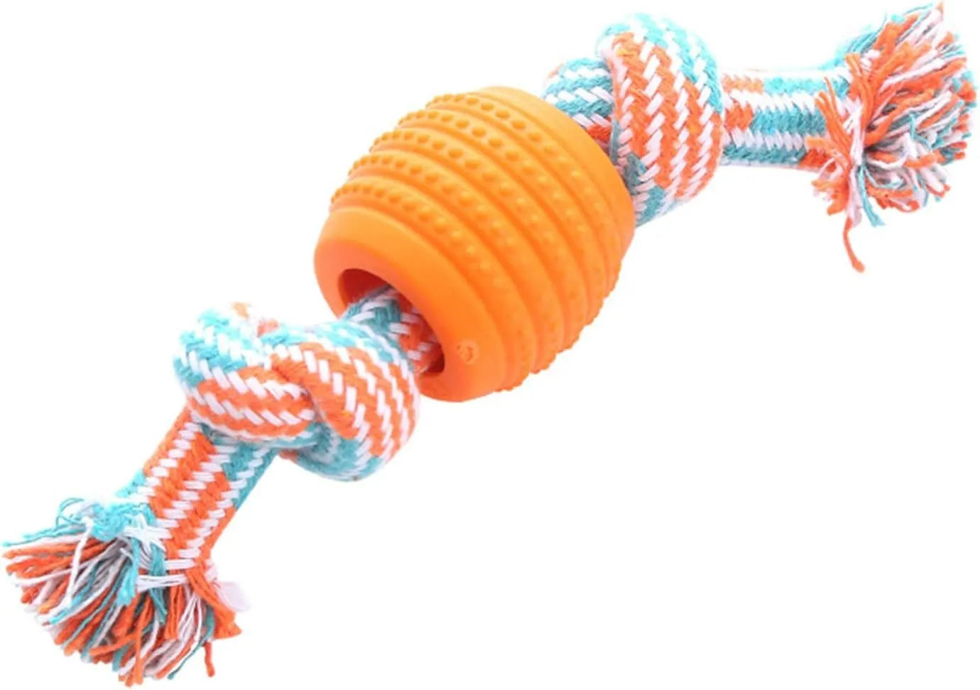 Blue dog chew toy with rope centrepiece for dental cleaning, approximately 9.5 cm diameter