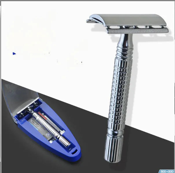 Chrome-plated double edged safety razor with storage box and replacement blade