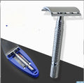 Chrome-plated double edged safety razor with storage box and replacement blade