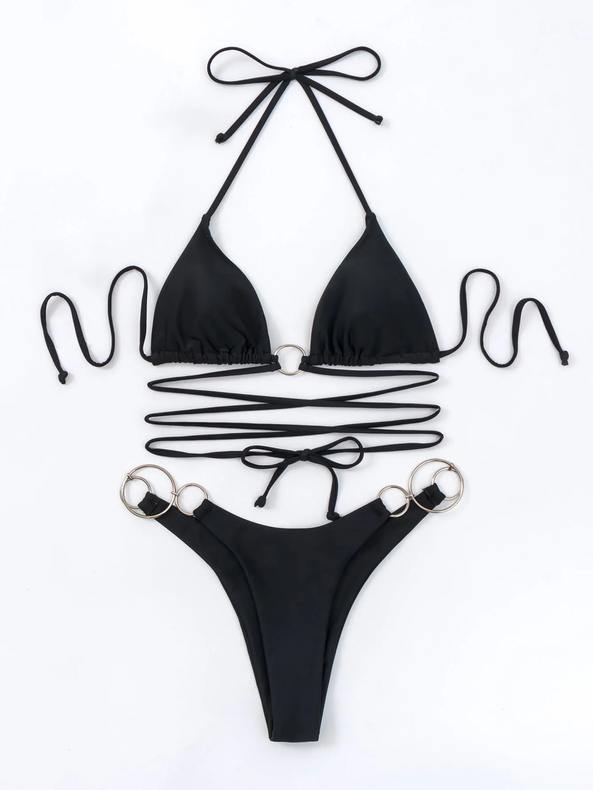 Black women's bikini set with metal ring accents on the adjustable straps, showing a high-cut leg and backless design.