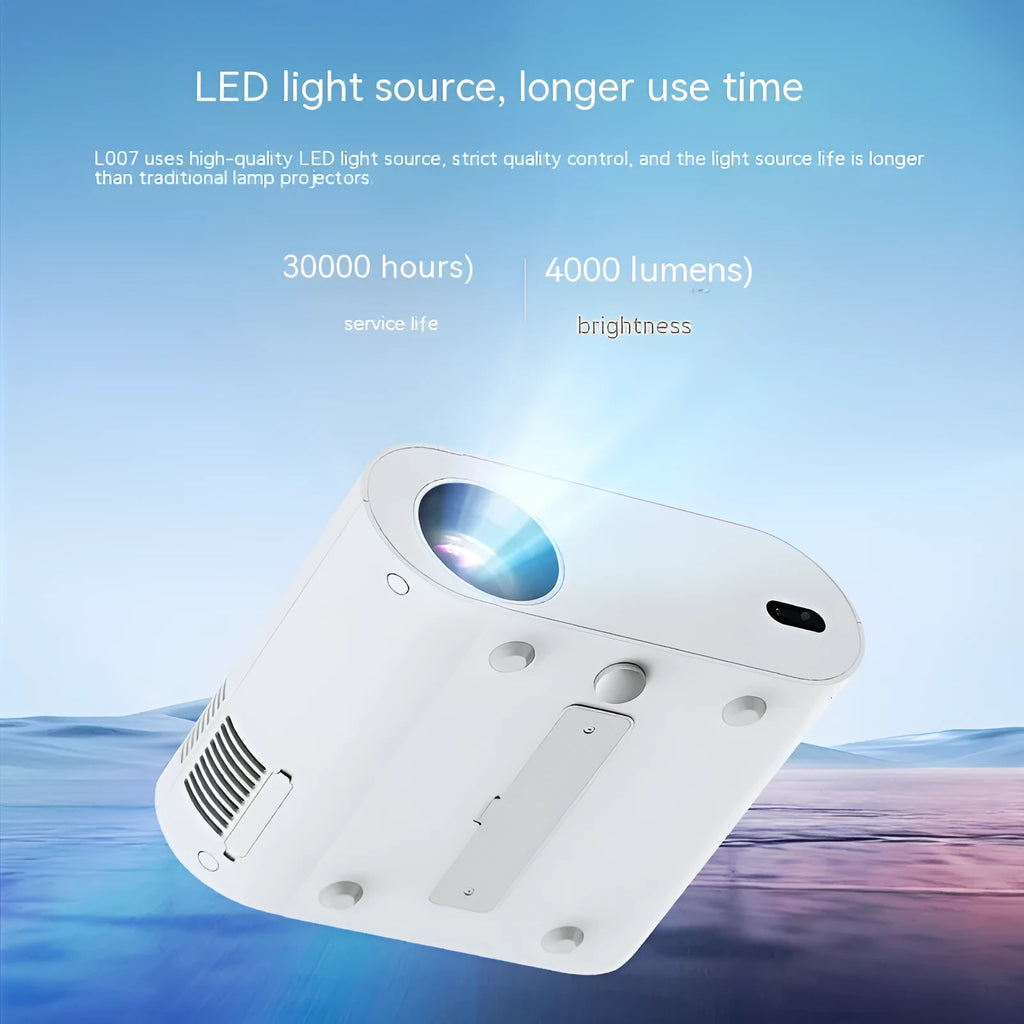 White T07 Full HD smart projector with remote control on a wooden table.