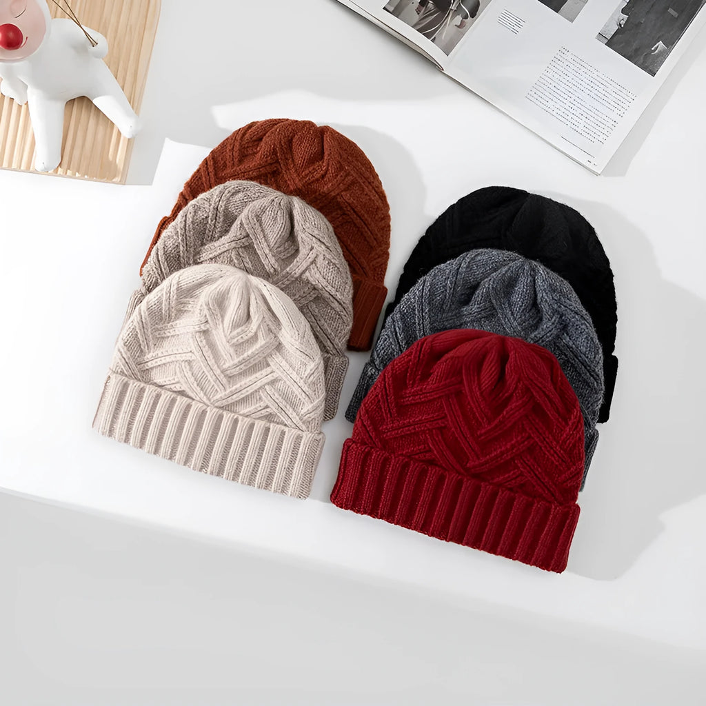Wool knitted women's winter hat with dome crown in six colour options on mannequin