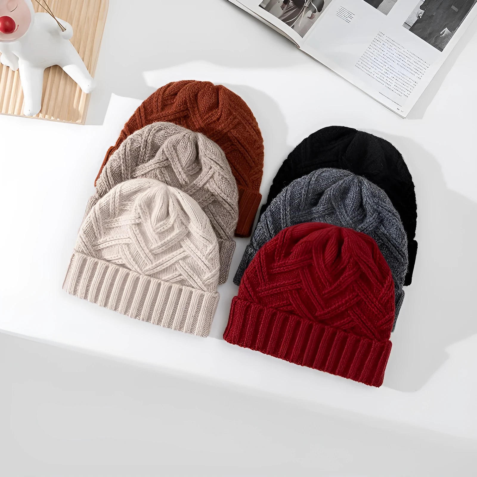 Wool knitted women's winter hat with dome crown in six colour options on mannequin