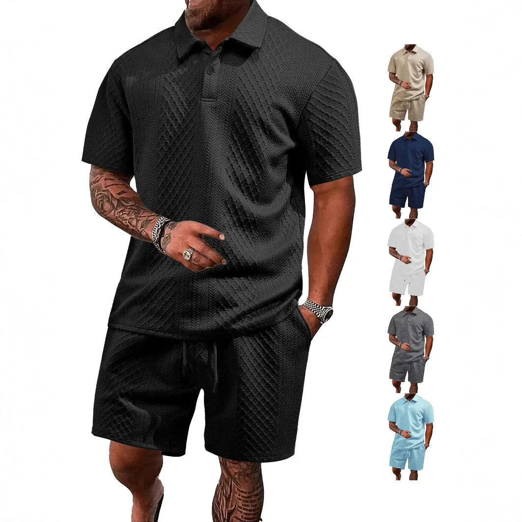 Men's casual short sleeve polyester suit two-piece set in multiple colours