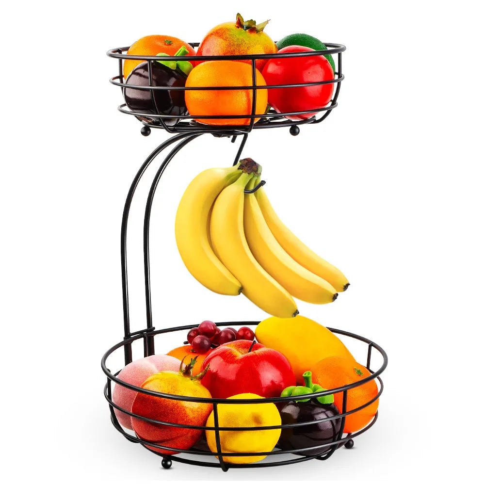 Wrought iron double-layer fruit storage basket in black or gold colour.