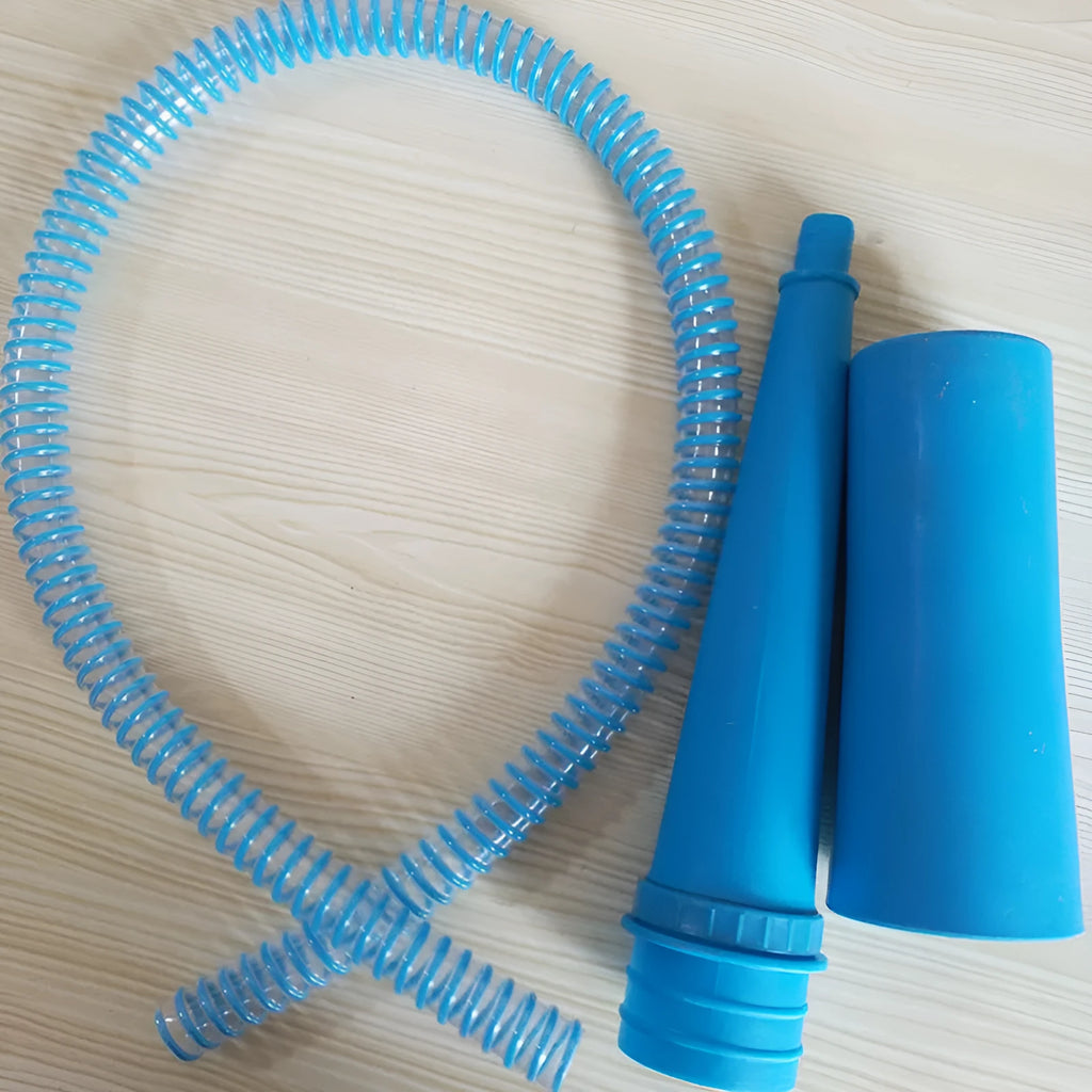 Blue plastic washing machine dust cleaner pipe with round head measuring 114cm long with three bag attachments