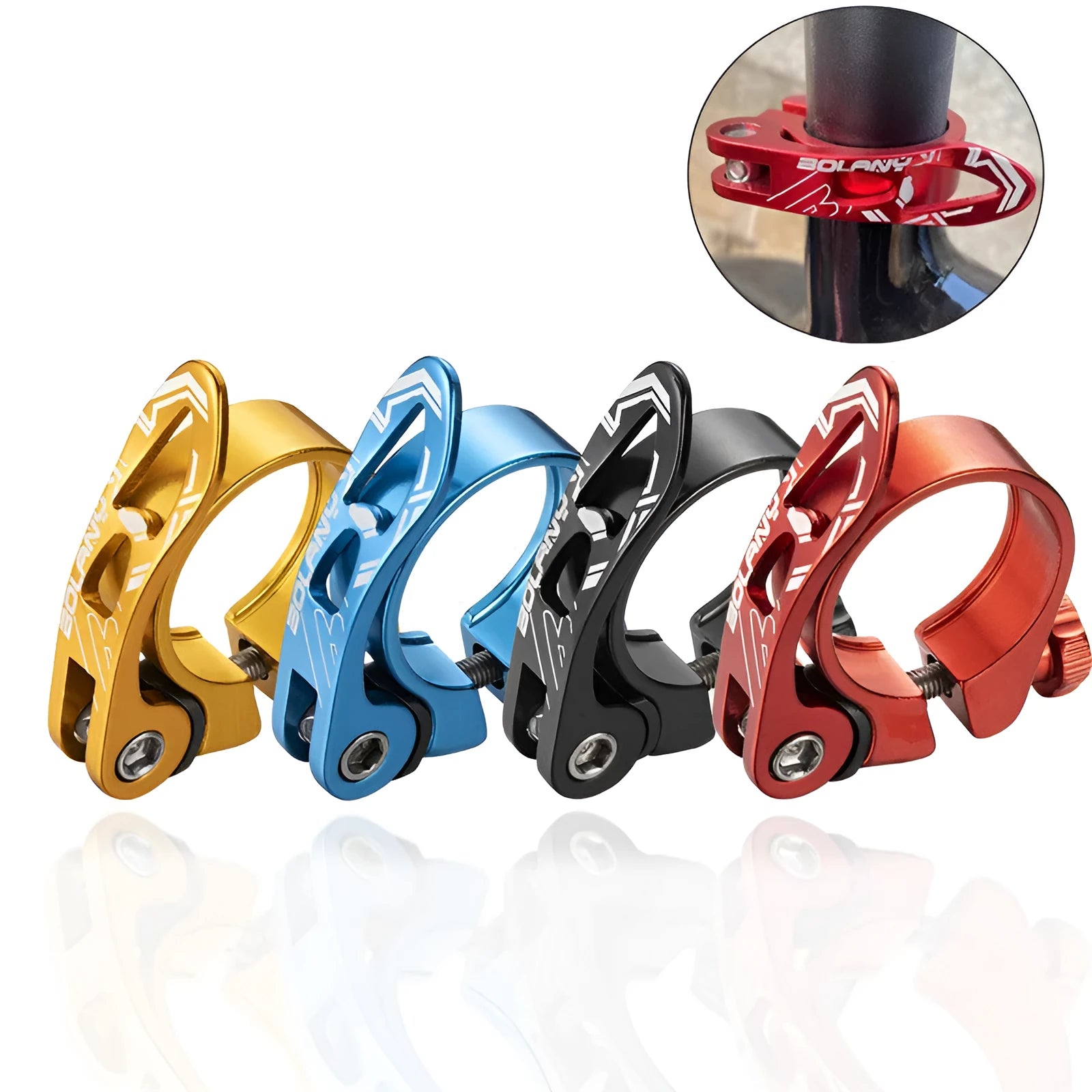 Aluminium mountain bicycle seat post clamp in black, red, gold, or blue colour options.