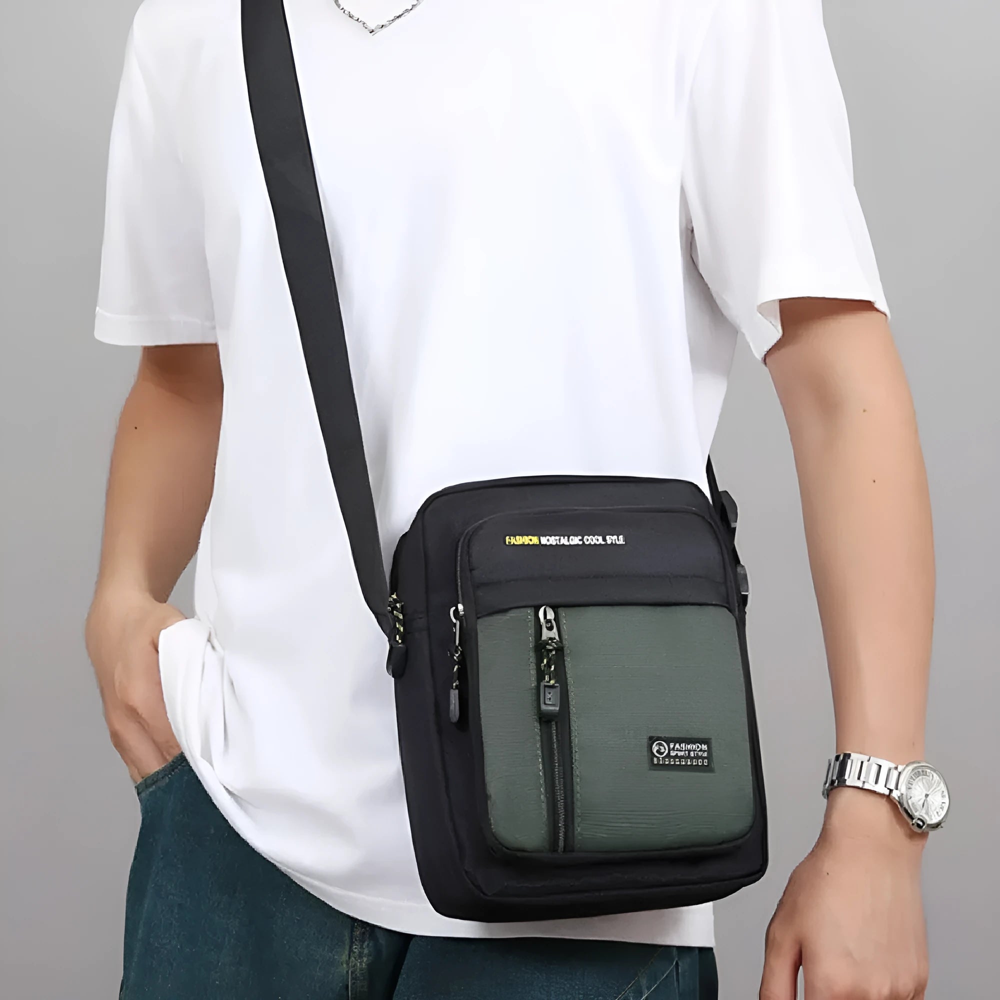 Men's casual green nylon crossbody messenger bag with visible stitching, shown from the side.