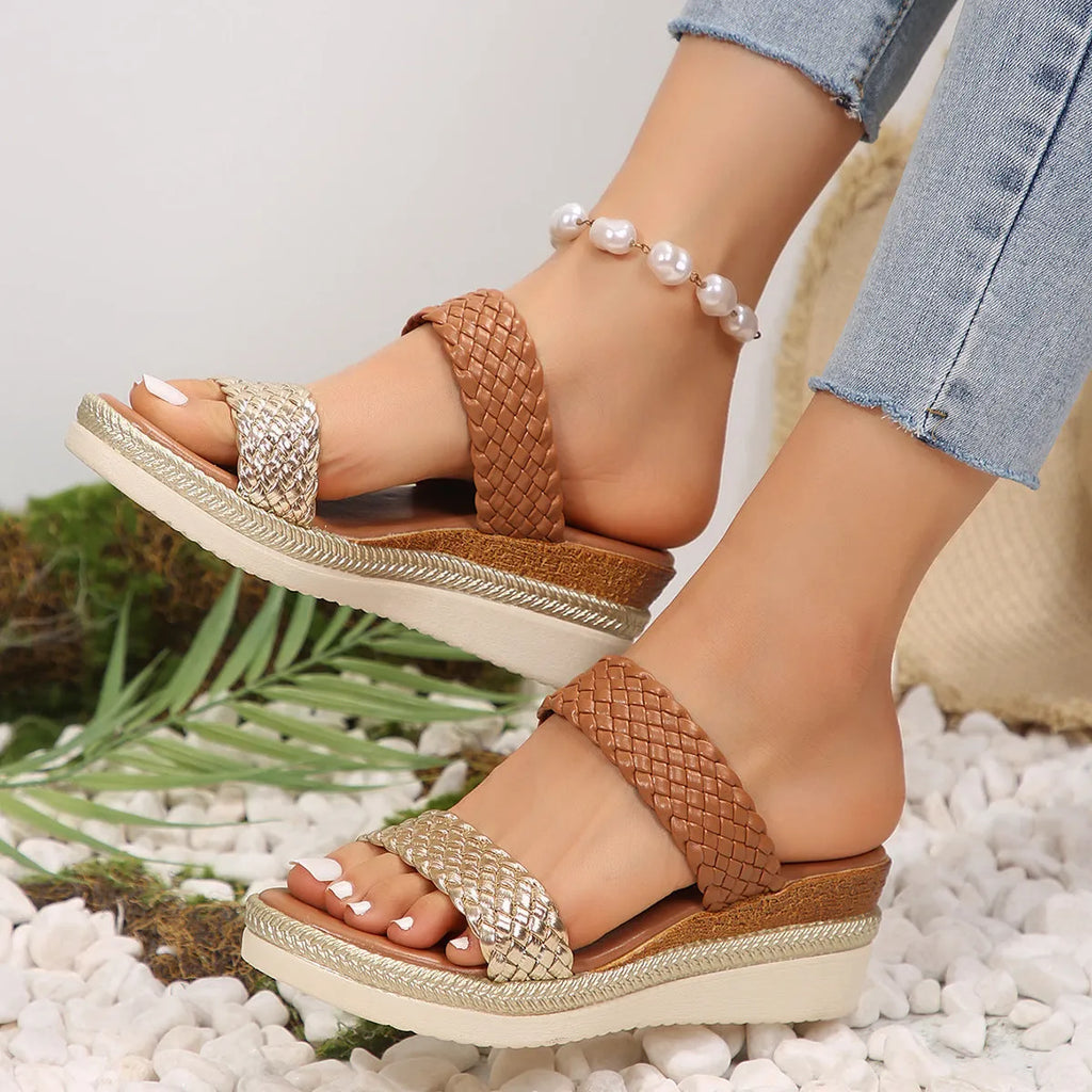 Gold metallic plus size women's wedge sandals with a PU leather upper and rubber sole.