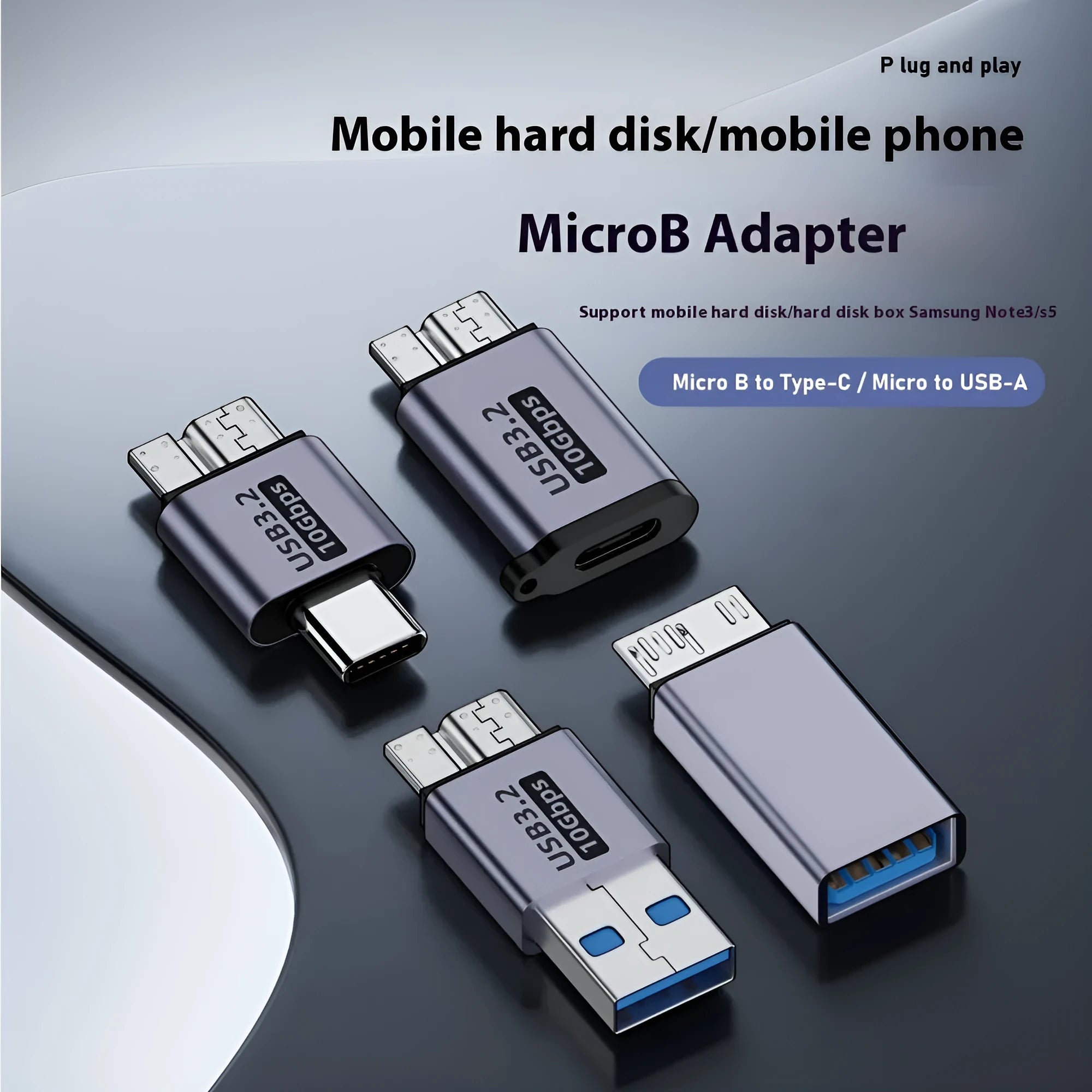 Micro B adapter converter showing Type-C and USB interface options for charging and data transfer