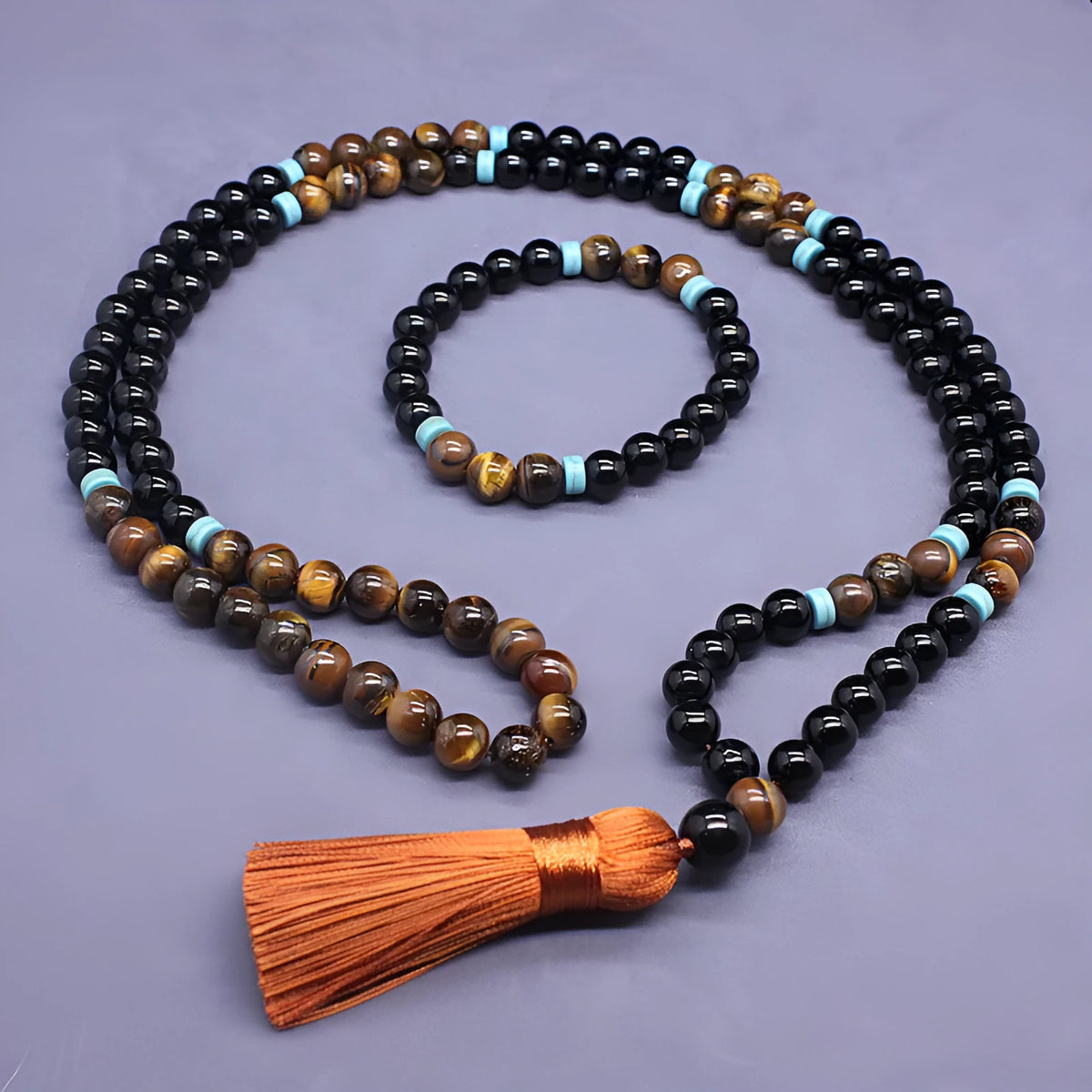 Natural agate tiger eye stone jewellery set with black bracelet and geometric necklace