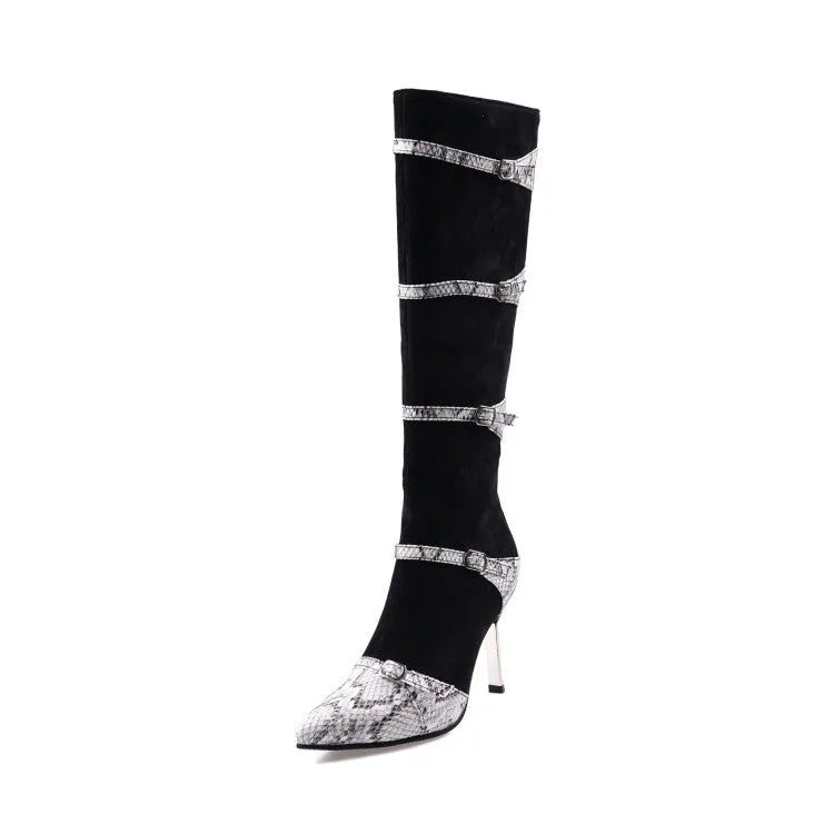 Grey and black women's knee high boots with thin 9cm high heels on a rubber sole.
