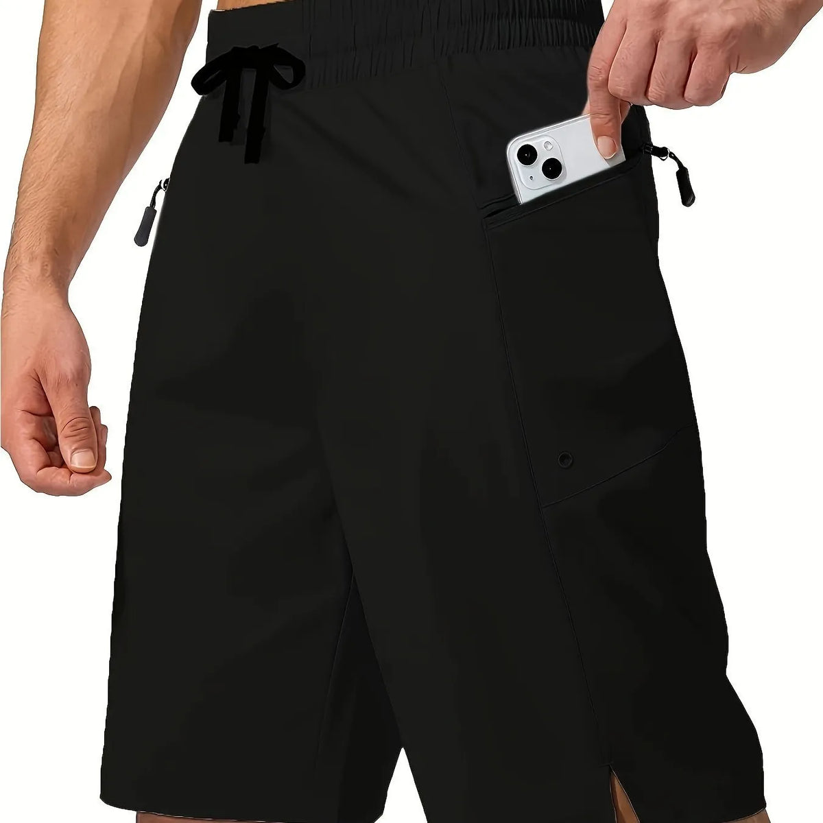 Men's quick-drying polyester beach shorts in straight-leg style in solid colour